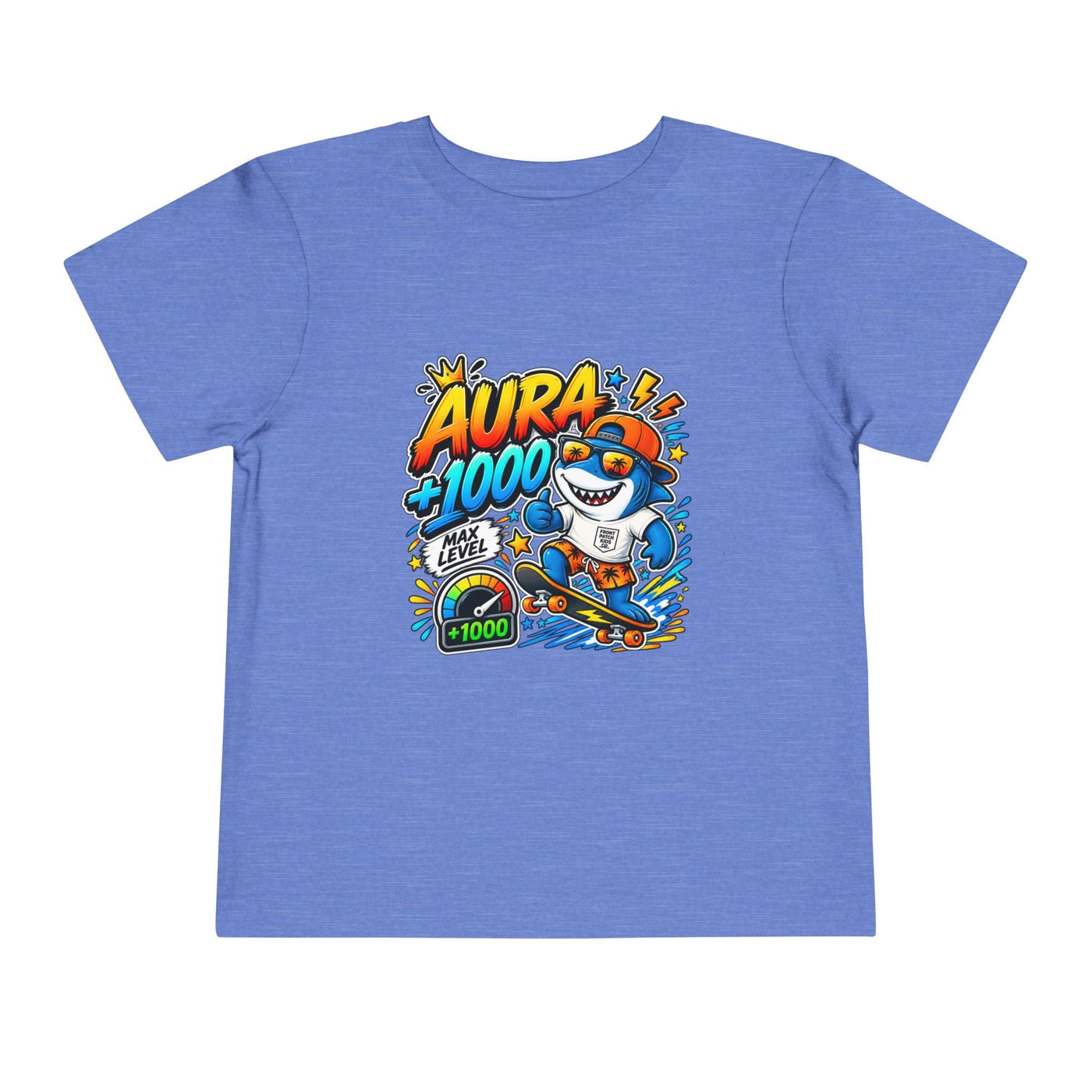 Toddler Tee — 'Aura +1000' Skateboard Shark Graphic Shirt - Front Patch Kids Co.