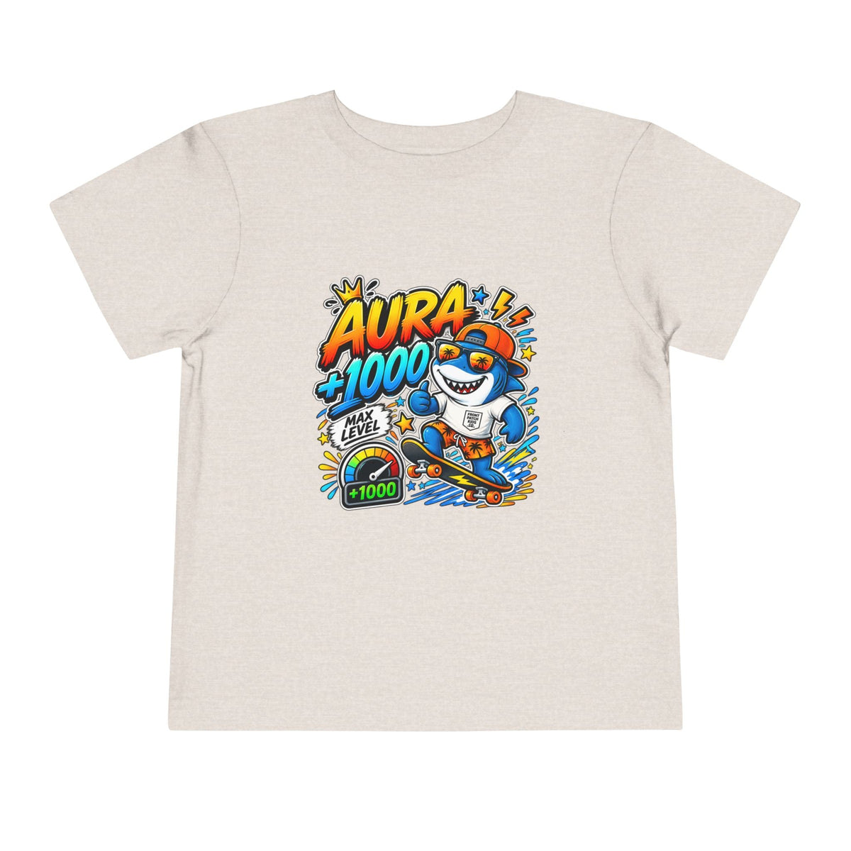 Toddler Tee — 'Aura +1000' Skateboard Shark Graphic Shirt - Front Patch Kids Co.