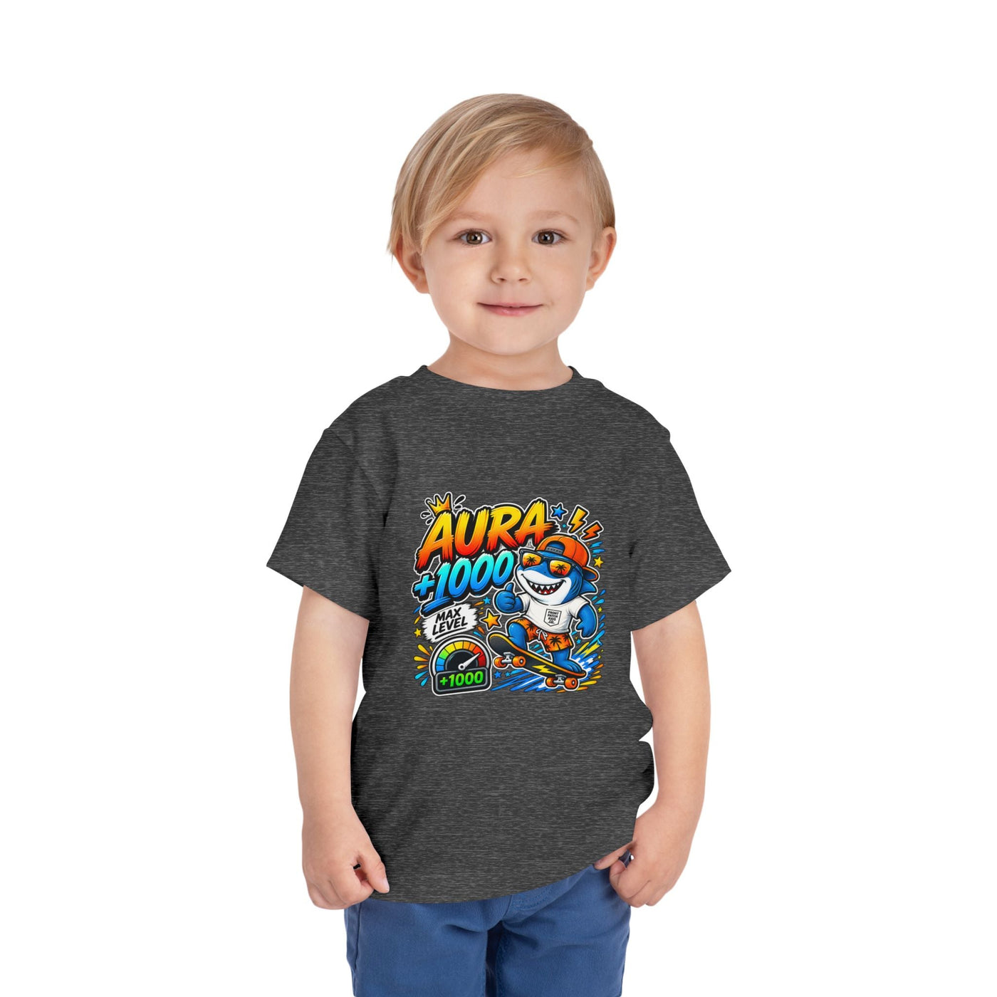 Toddler Tee — 'Aura +1000' Skateboard Shark Graphic Shirt - Front Patch Kids Co.