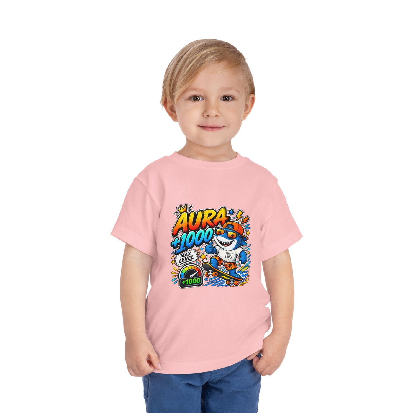 Toddler Tee — 'Aura +1000' Skateboard Shark Graphic Shirt - Front Patch Kids Co.