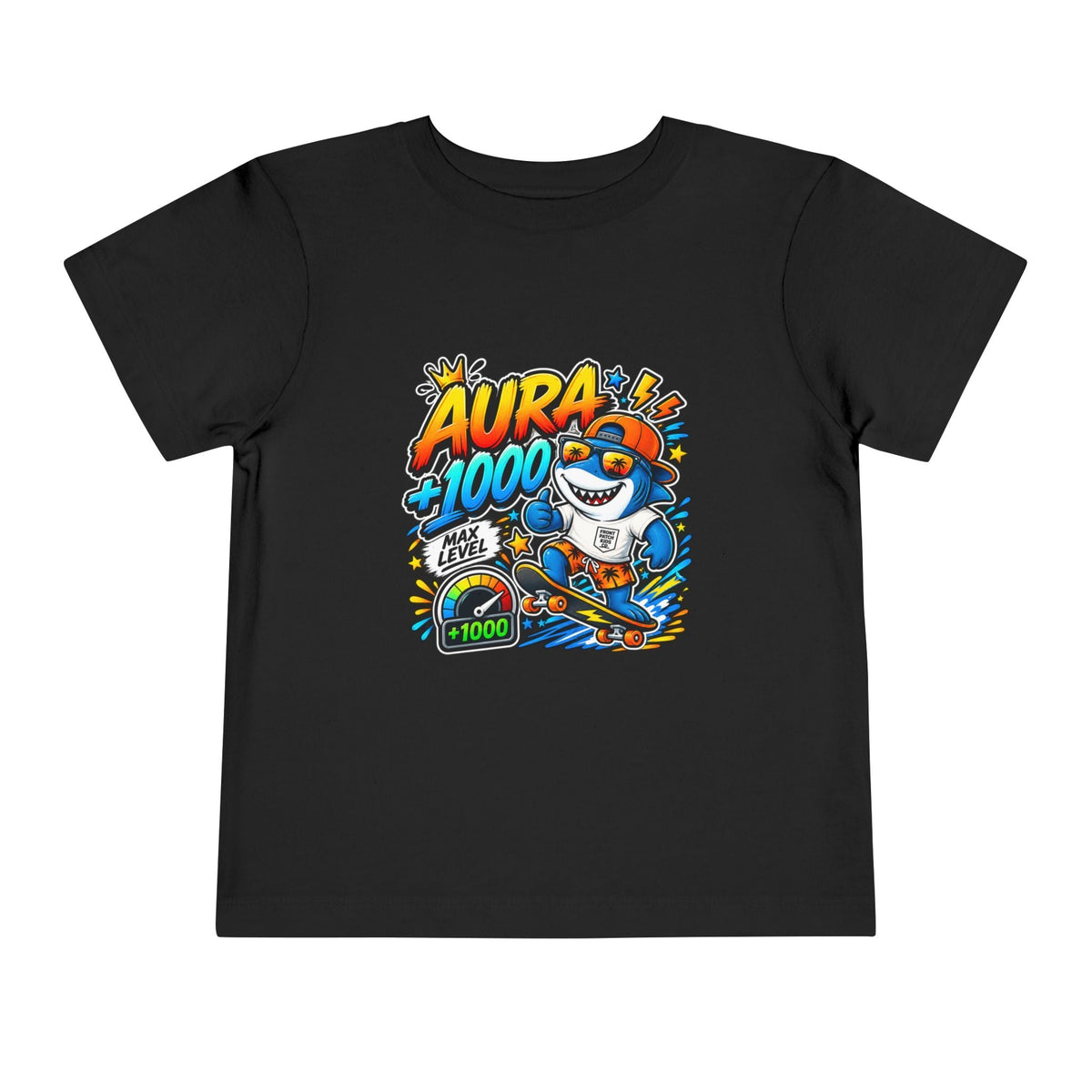 Toddler Tee — 'Aura +1000' Skateboard Shark Graphic Shirt - Front Patch Kids Co.