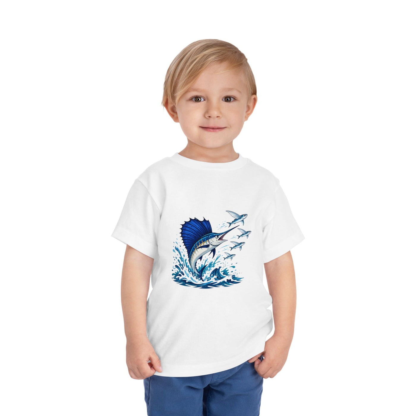 Toddler Tee — Blue Sailfish & Flying Fish Ocean Graphic - Front Patch Kids Co.