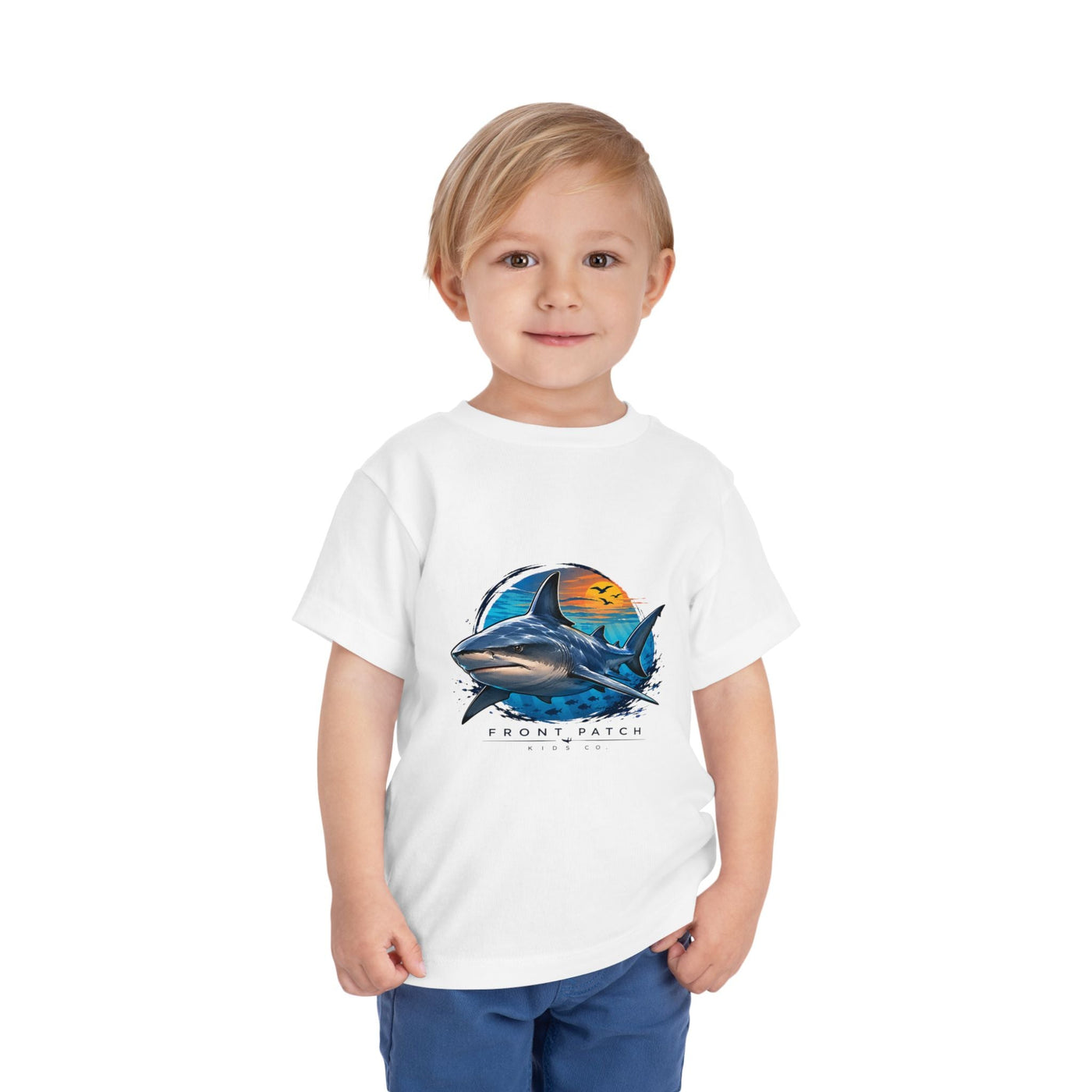 Toddler Tee — 'Front Patch' Surf Shark Graphic Sunset Kids Shirt - Front Patch Kids Co.