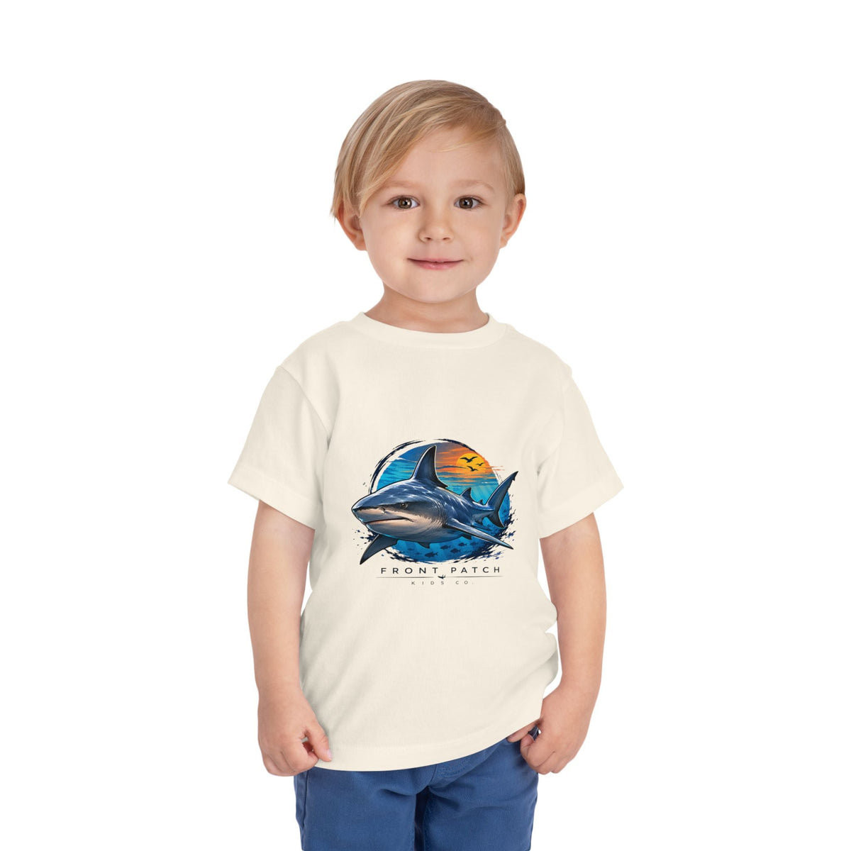 Toddler Tee — 'Front Patch' Surf Shark Graphic Sunset Kids Shirt - Front Patch Kids Co.