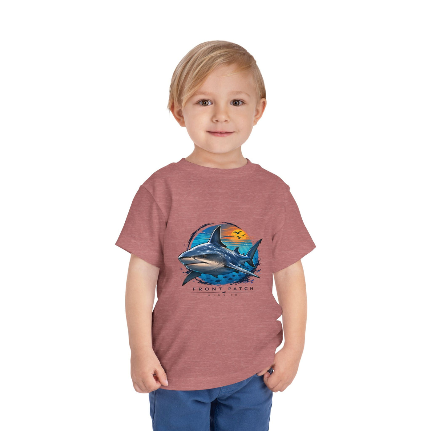 Toddler Tee — 'Front Patch' Surf Shark Graphic Sunset Kids Shirt - Front Patch Kids Co.