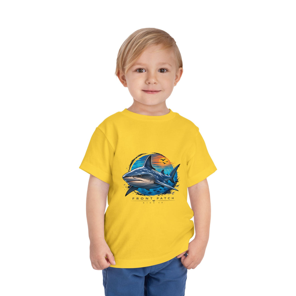 Toddler Tee — 'Front Patch' Surf Shark Graphic Sunset Kids Shirt - Front Patch Kids Co.