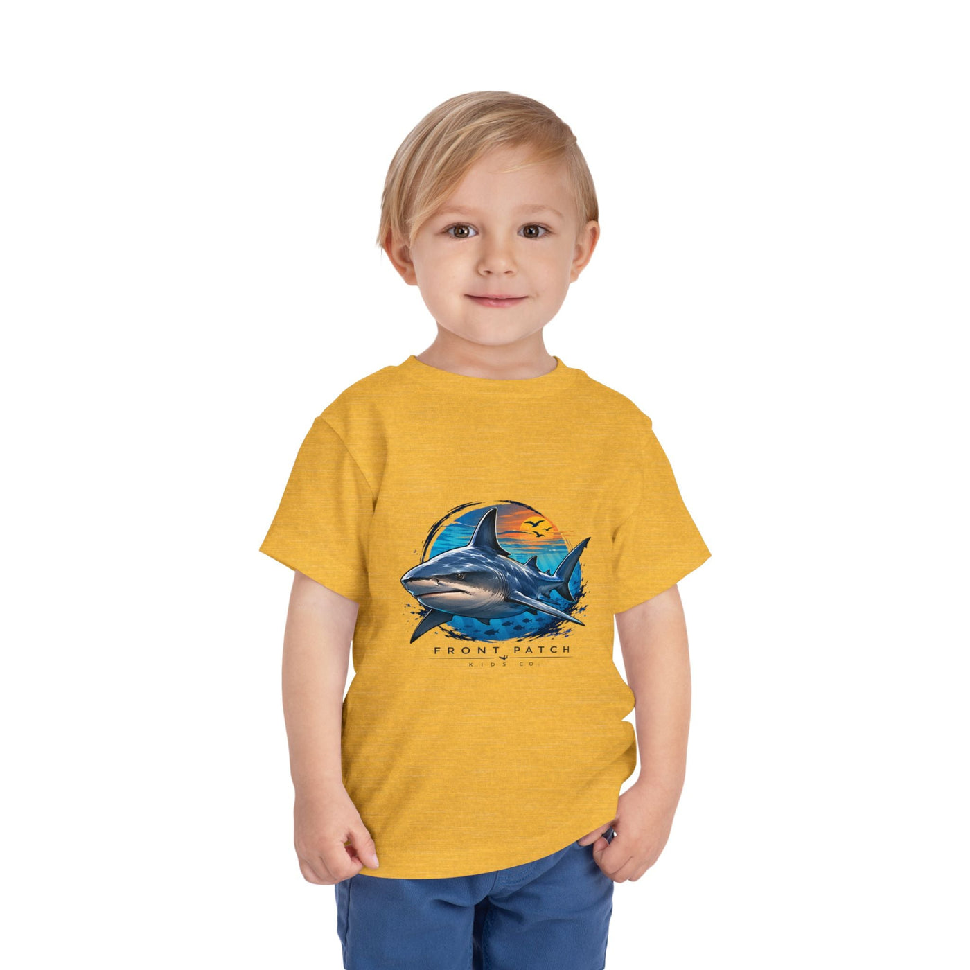 Toddler Tee — 'Front Patch' Surf Shark Graphic Sunset Kids Shirt - Front Patch Kids Co.