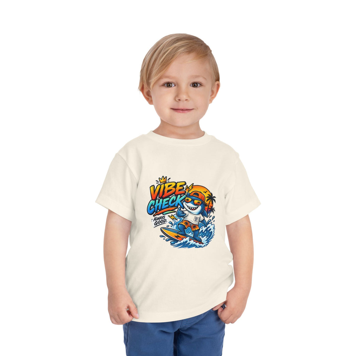 Vibe Check Surfing Shark Toddler Tee - Front Patch Kids Co.