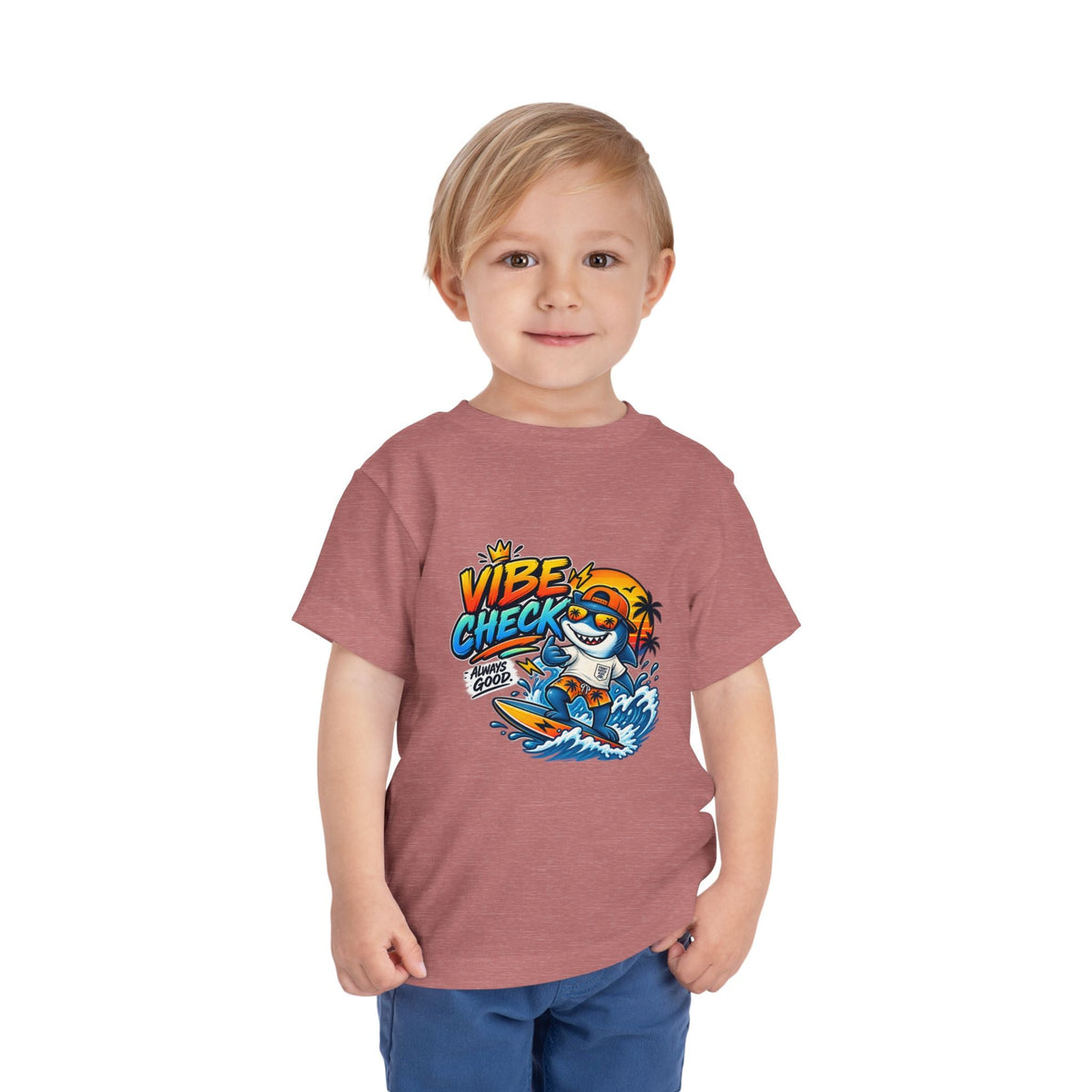Vibe Check Surfing Shark Toddler Tee - Front Patch Kids Co.