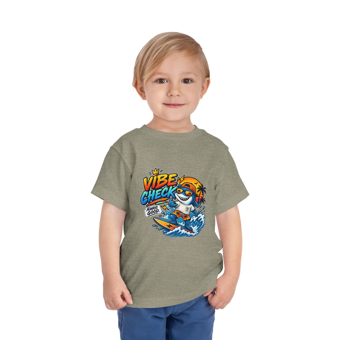 Vibe Check Surfing Shark Toddler Tee - Front Patch Kids Co.