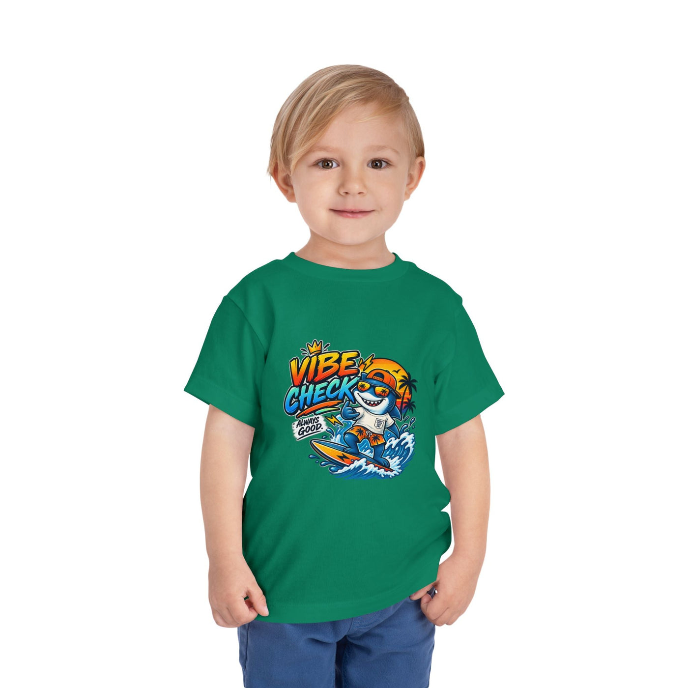 Vibe Check Surfing Shark Toddler Tee - Front Patch Kids Co.