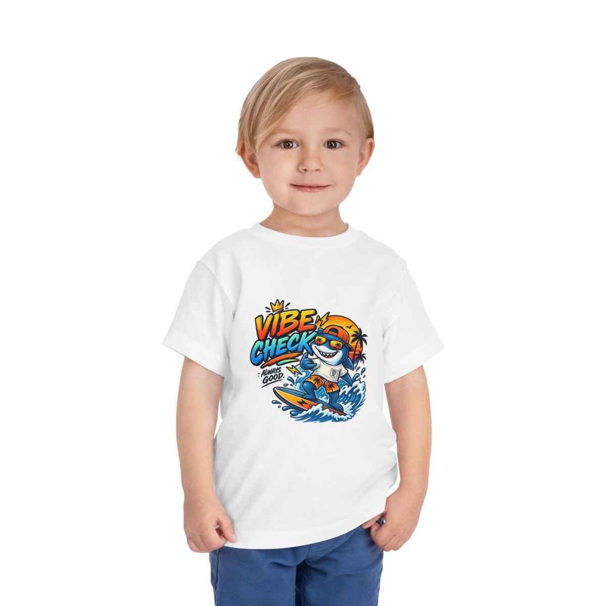 Vibe Check Surfing Shark Toddler Tee - Front Patch Kids Co.