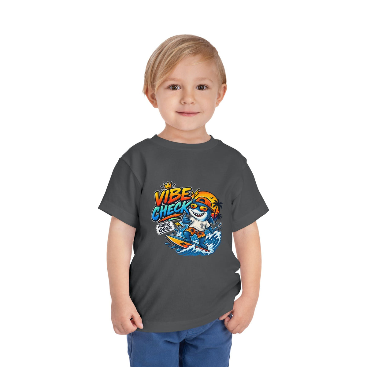 Vibe Check Surfing Shark Toddler Tee - Front Patch Kids Co.