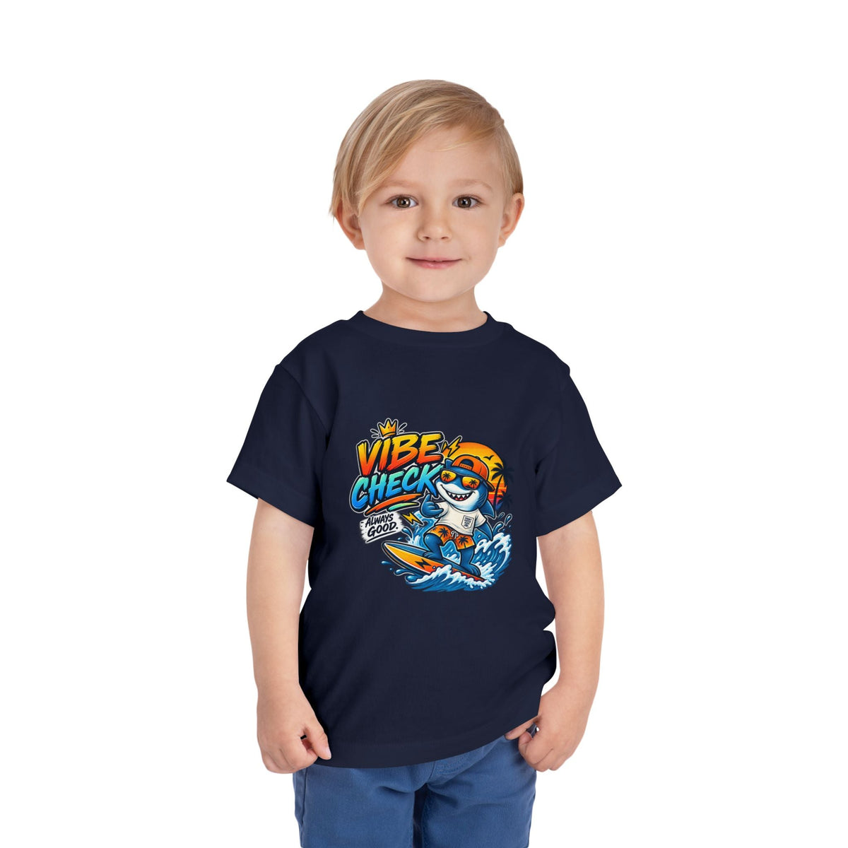 Vibe Check Surfing Shark Toddler Tee - Front Patch Kids Co.