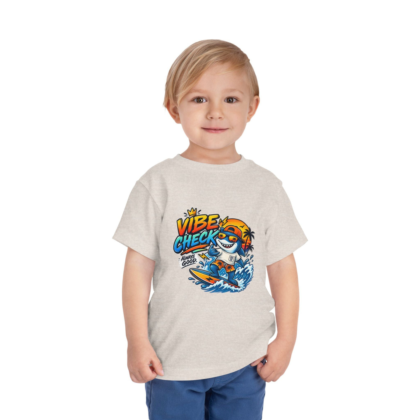 Vibe Check Surfing Shark Toddler Tee - Front Patch Kids Co.