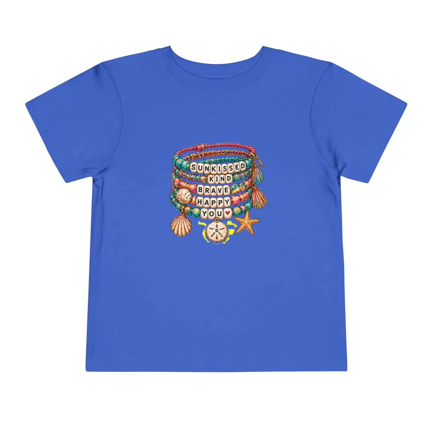 Toddler Tee — 'Sunkissed, Kind, Brave, Happy' Seashell Bracelet Graphic