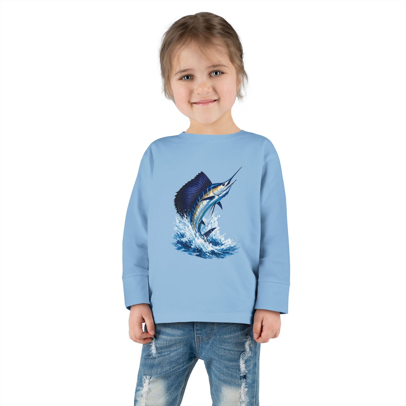 Toddler Long Sleeve Tee — Blue Marlin Jumping Graphic Kids Shirt (Fishing, Ocean, Nautical)