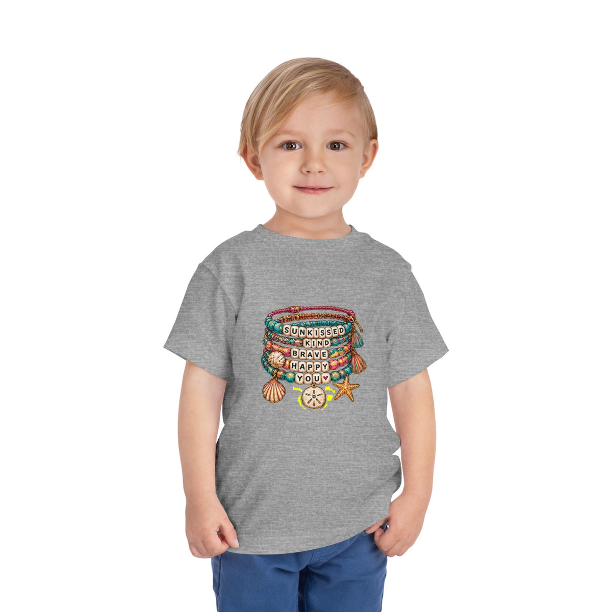 Toddler Tee — 'Sunkissed, Kind, Brave, Happy' Seashell Bracelet Graphic