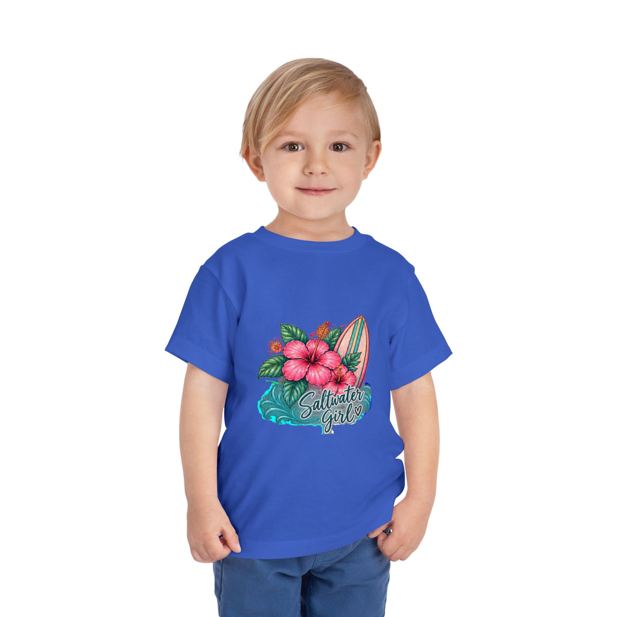 Toddler Tee — "Saltwater Girl" Surf & Hibiscus Beach Graphic