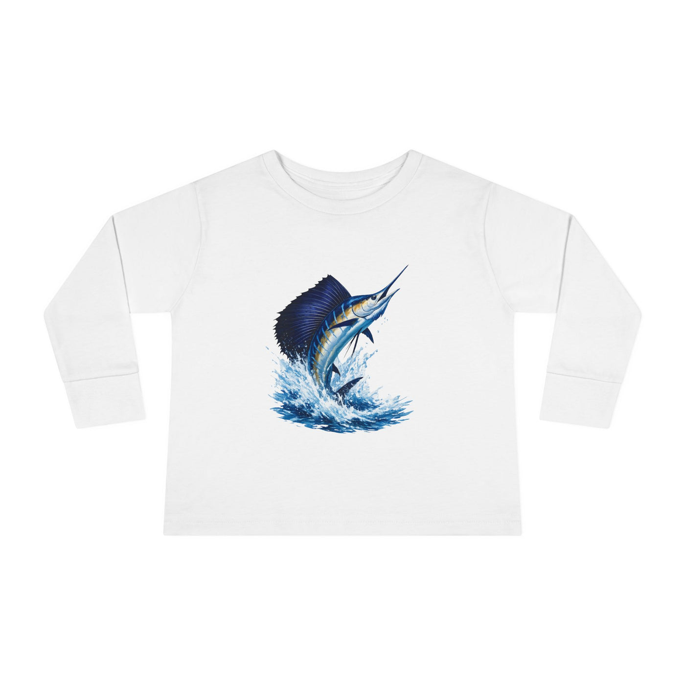 Toddler Long Sleeve Tee — Blue Marlin Jumping Graphic Kids Shirt (Fishing, Ocean, Nautical)
