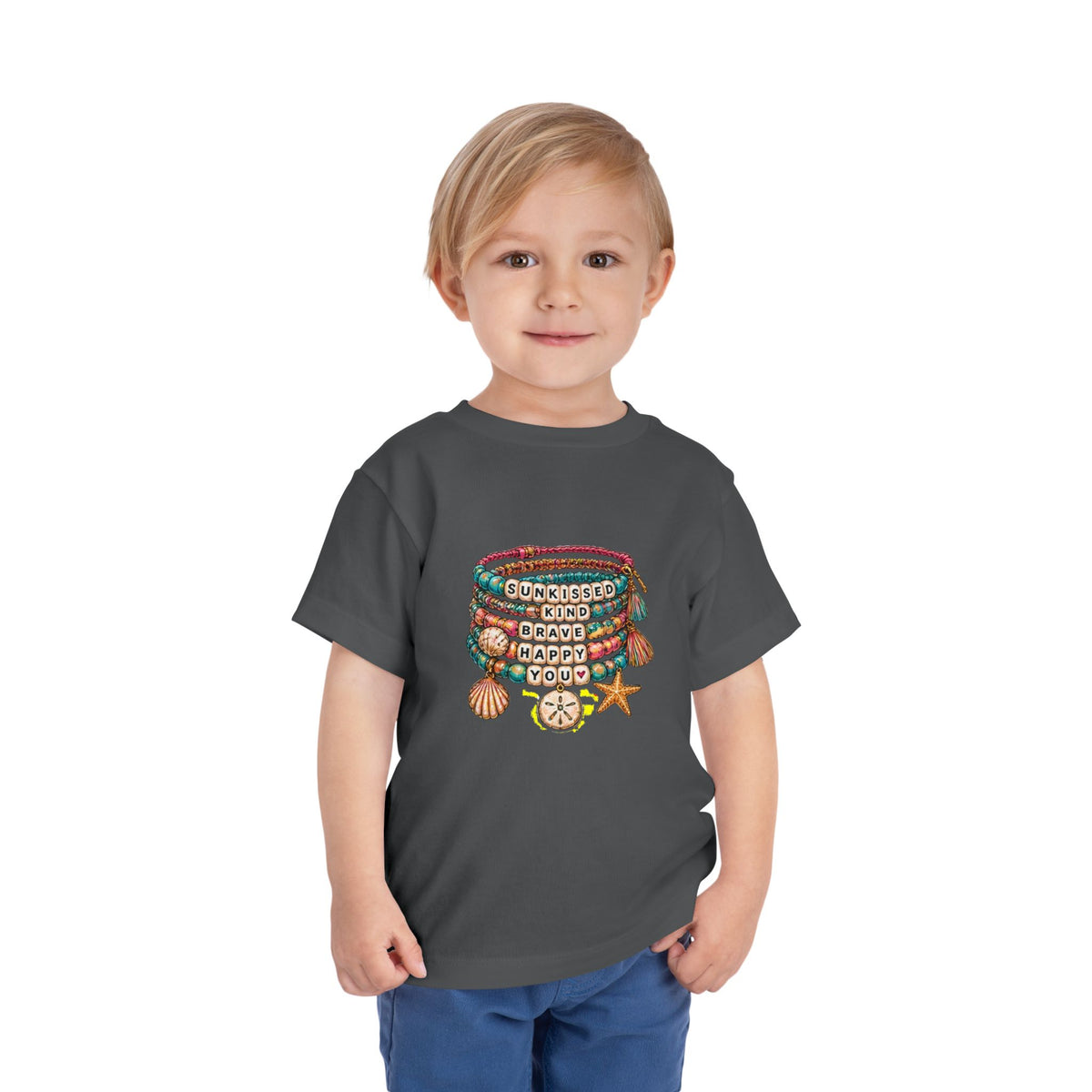 Toddler Tee — 'Sunkissed, Kind, Brave, Happy' Seashell Bracelet Graphic