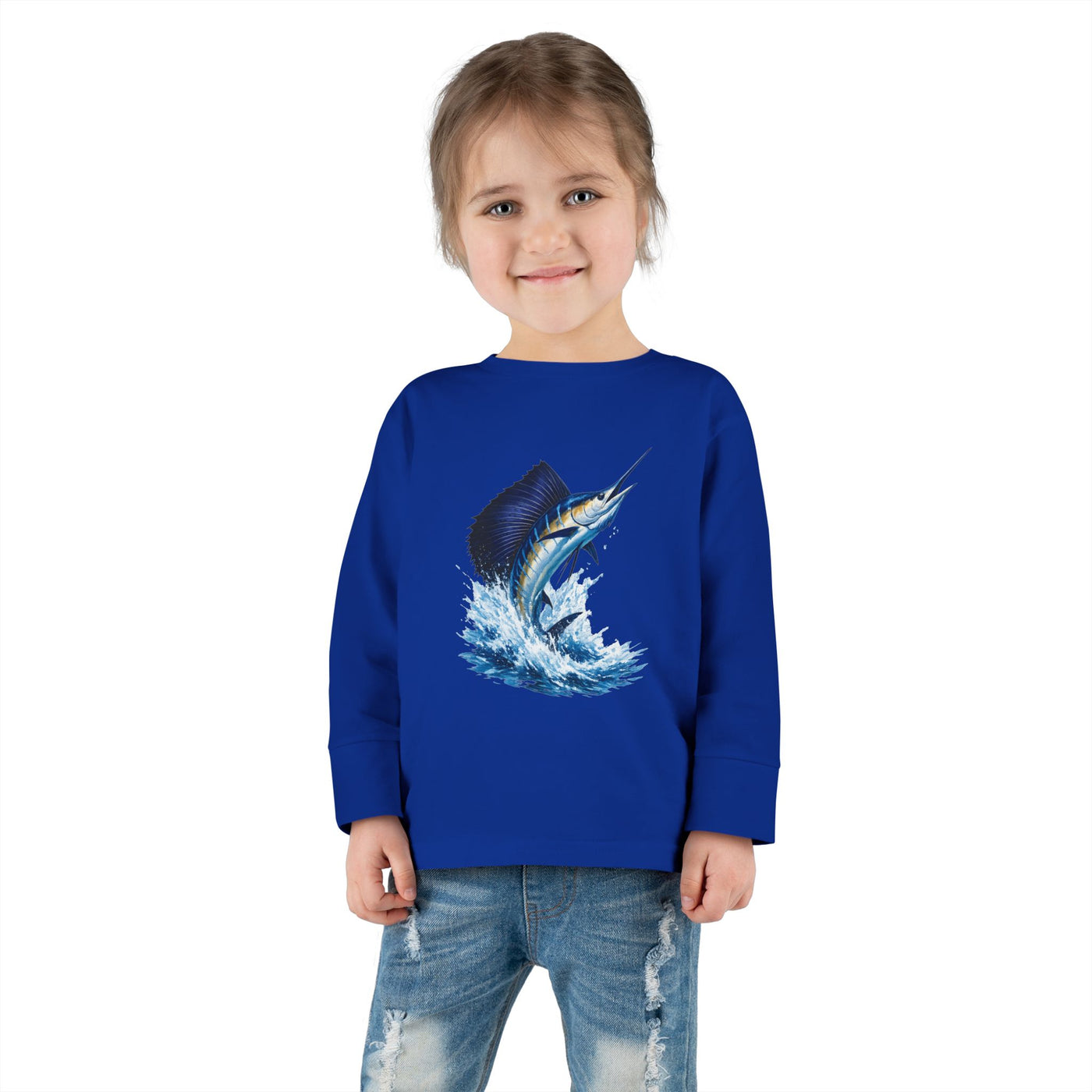 Toddler Long Sleeve Tee — Blue Marlin Jumping Graphic Kids Shirt (Fishing, Ocean, Nautical)