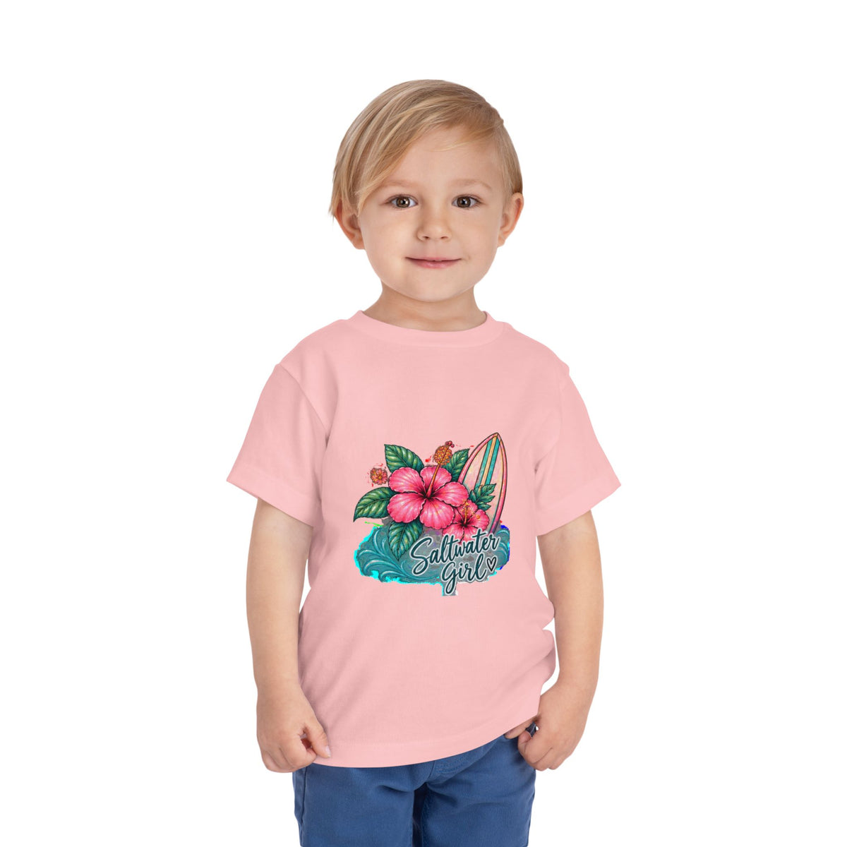 Toddler Tee — "Saltwater Girl" Surf & Hibiscus Beach Graphic