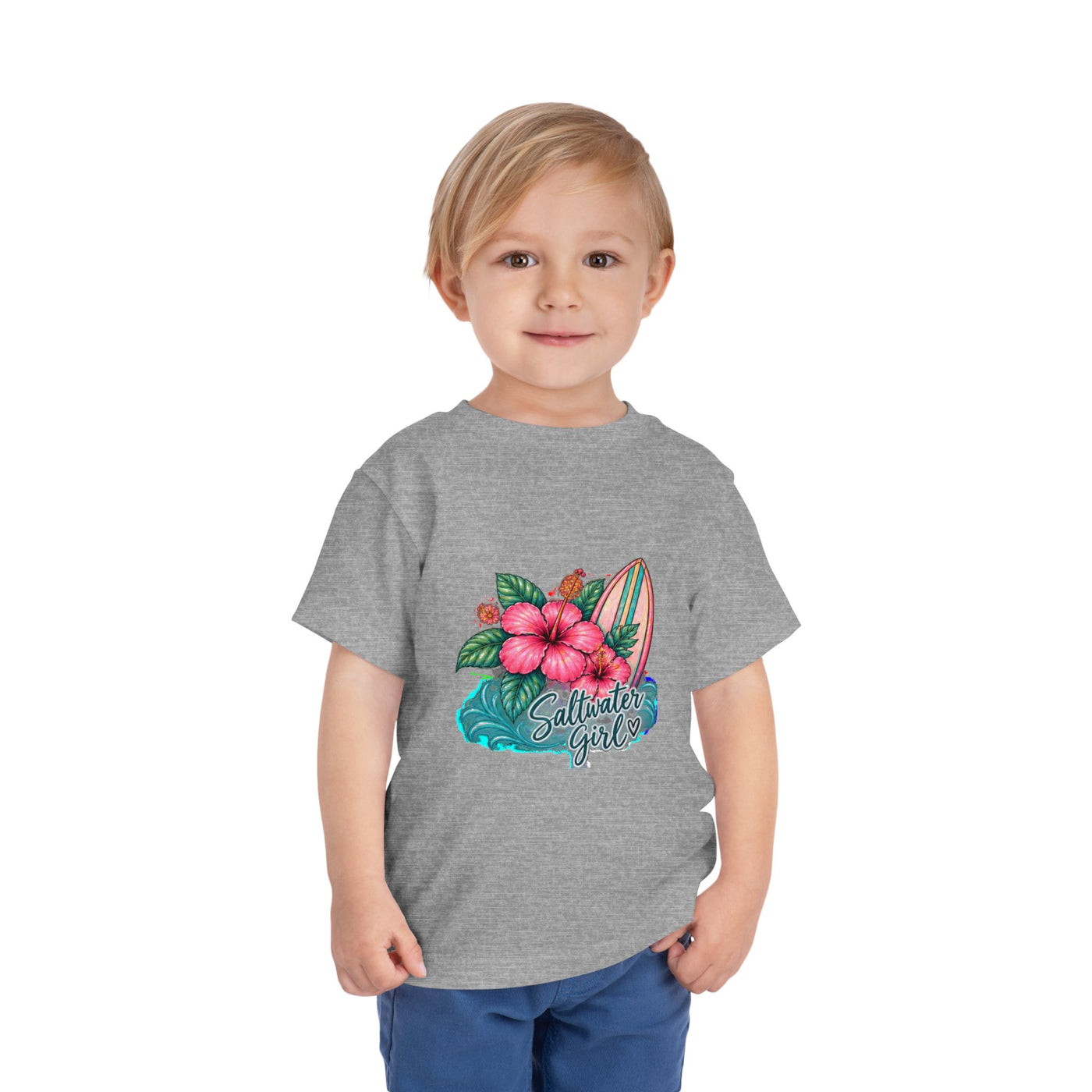 Toddler Tee — "Saltwater Girl" Surf & Hibiscus Beach Graphic