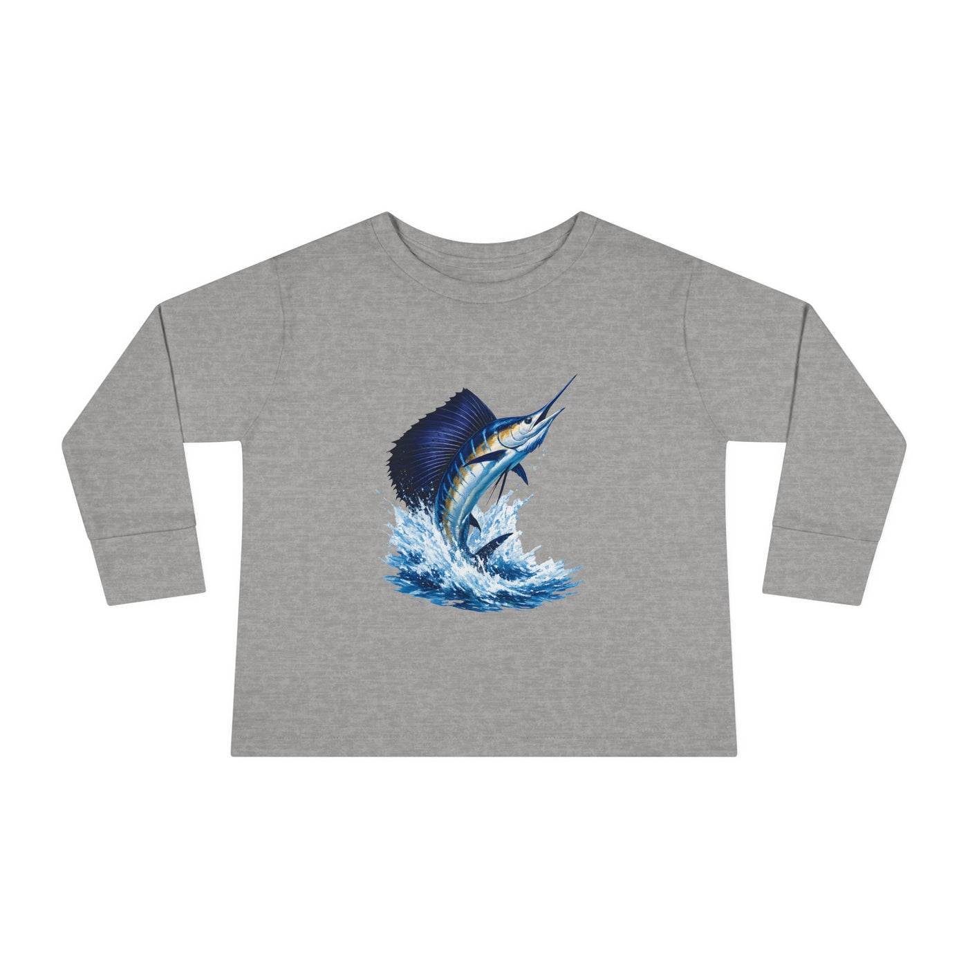 Toddler Long Sleeve Tee — Blue Marlin Jumping Graphic Kids Shirt (Fishing, Ocean, Nautical)