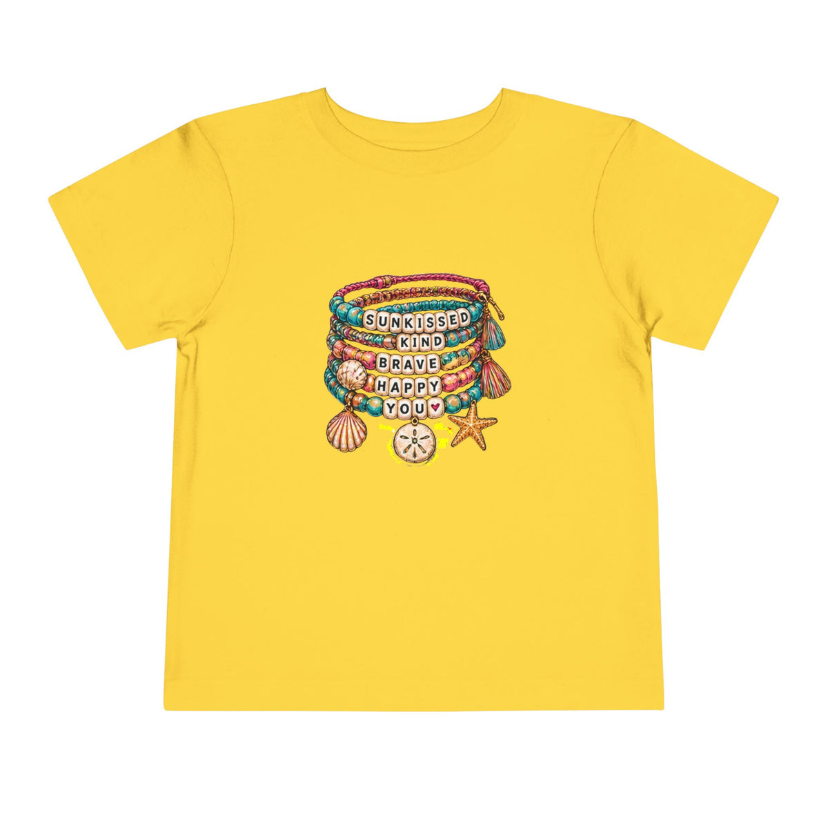 Toddler Tee — 'Sunkissed, Kind, Brave, Happy' Seashell Bracelet Graphic