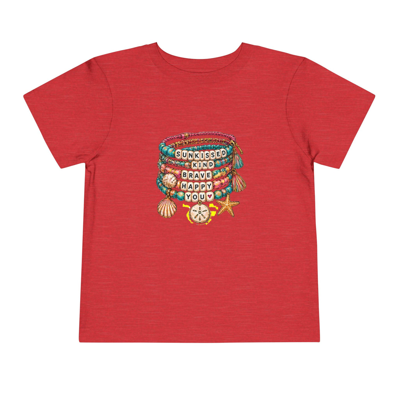 Toddler Tee — 'Sunkissed, Kind, Brave, Happy' Seashell Bracelet Graphic