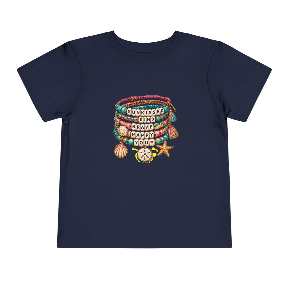 Toddler Tee — 'Sunkissed, Kind, Brave, Happy' Seashell Bracelet Graphic
