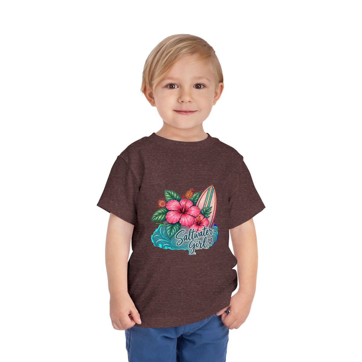 Toddler Tee — "Saltwater Girl" Surf & Hibiscus Beach Graphic