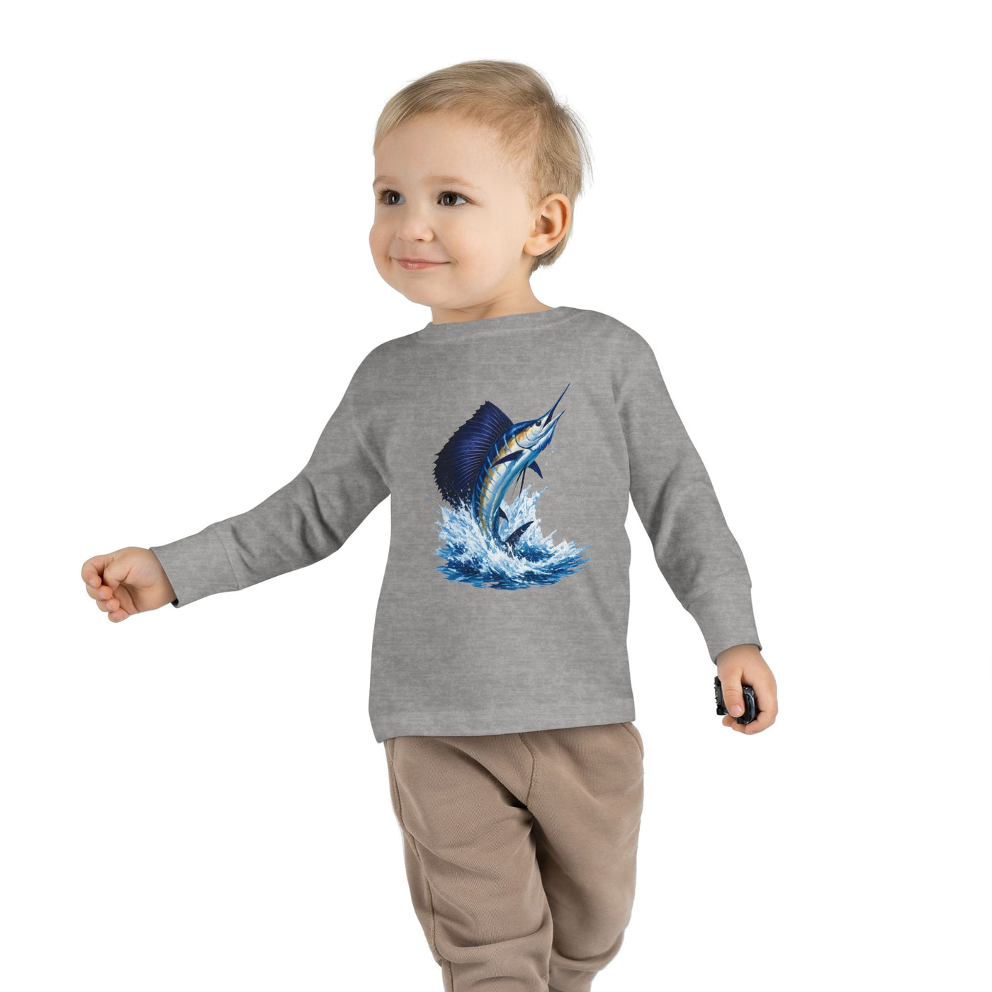 Toddler Long Sleeve Tee — Blue Marlin Jumping Graphic Kids Shirt (Fishing, Ocean, Nautical)