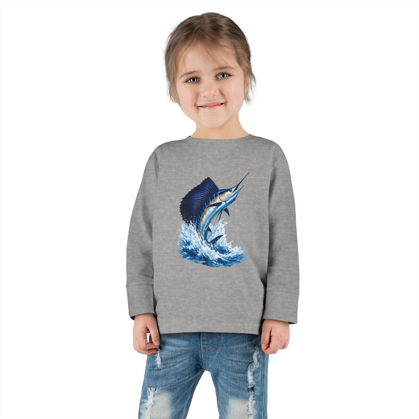 Toddler Long Sleeve Tee — Blue Marlin Jumping Graphic Kids Shirt (Fishing, Ocean, Nautical)