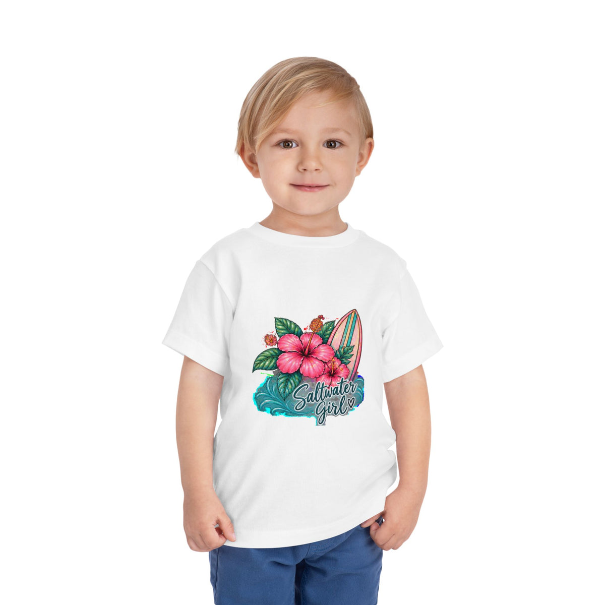 Toddler Tee — "Saltwater Girl" Surf & Hibiscus Beach Graphic