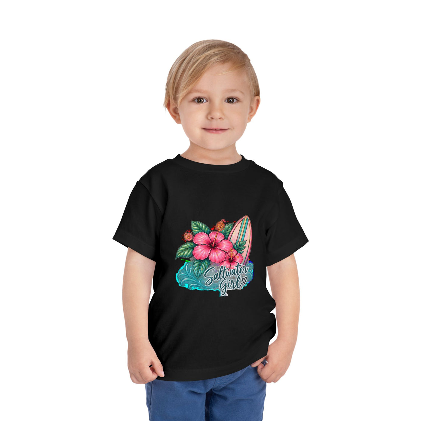 Toddler Tee — "Saltwater Girl" Surf & Hibiscus Beach Graphic