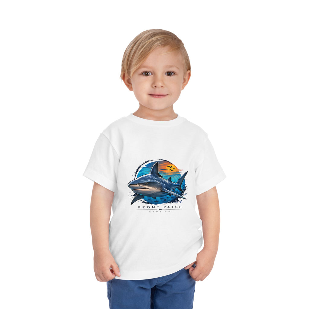 Toddler Tee — 'Front Patch' Surf Shark Graphic Sunset Kids Shirt