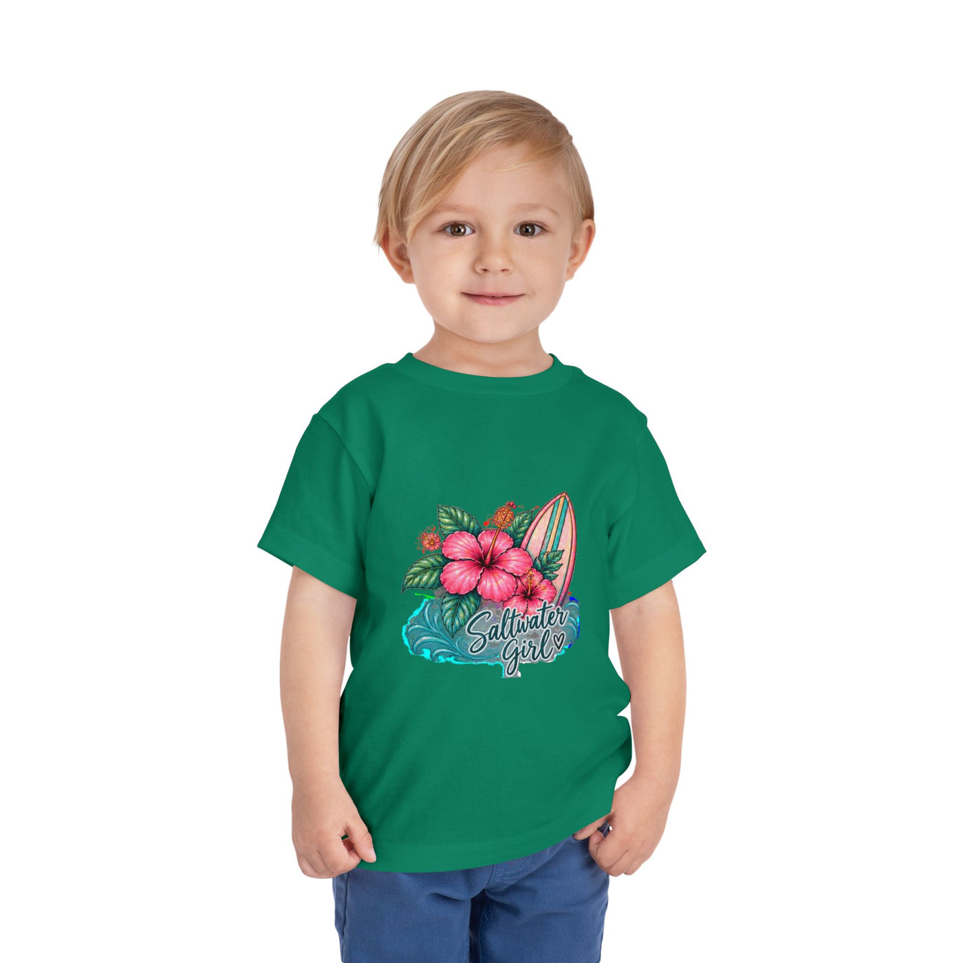 Toddler Tee — "Saltwater Girl" Surf & Hibiscus Beach Graphic
