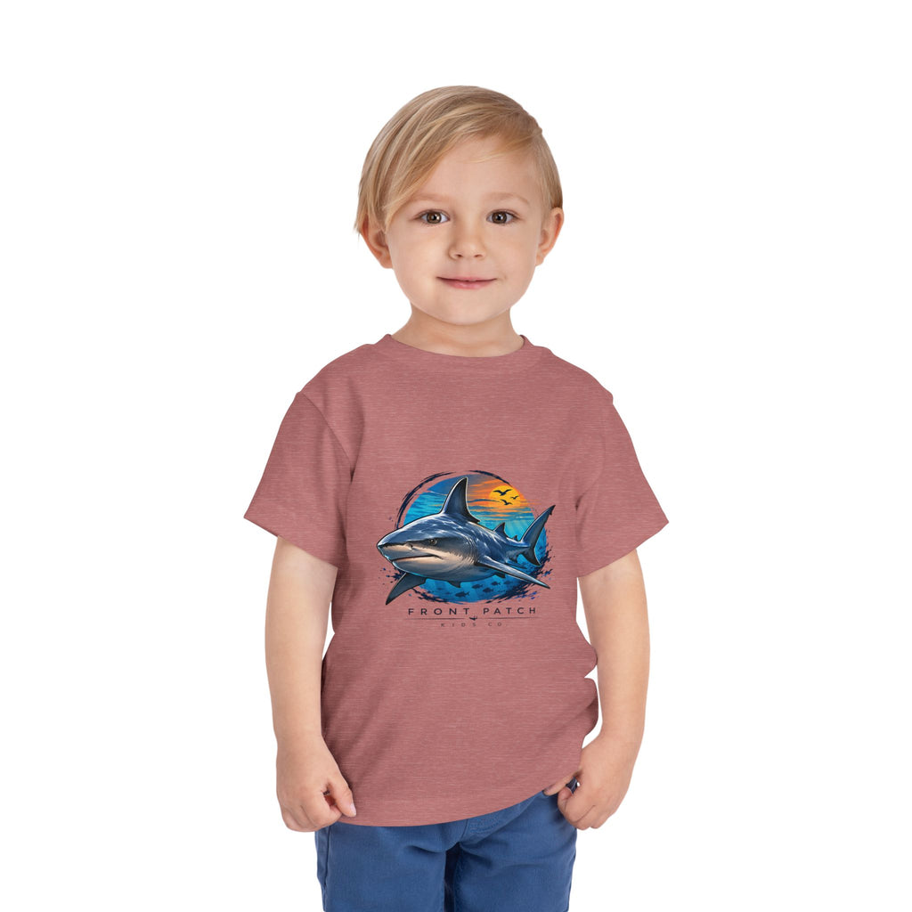 Toddler Tee — 'Front Patch' Surf Shark Graphic Sunset Kids Shirt