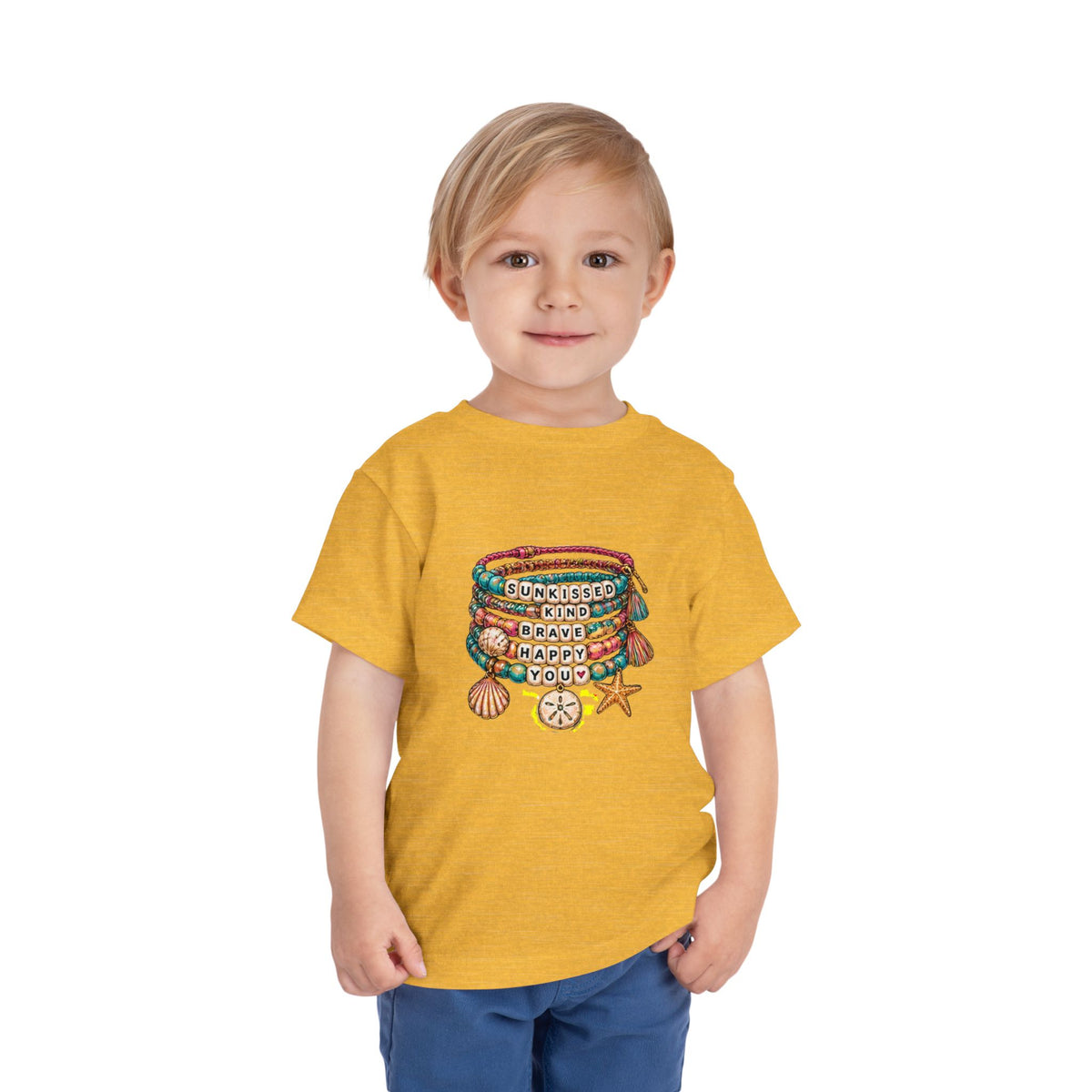 Toddler Tee — 'Sunkissed, Kind, Brave, Happy' Seashell Bracelet Graphic