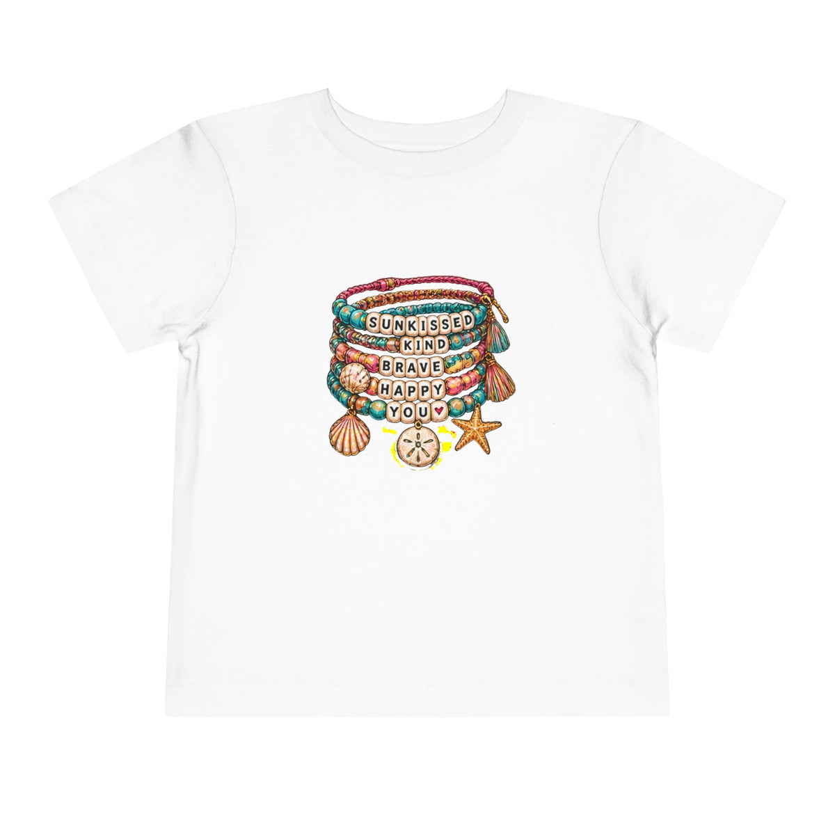 Toddler Tee — 'Sunkissed, Kind, Brave, Happy' Seashell Bracelet Graphic