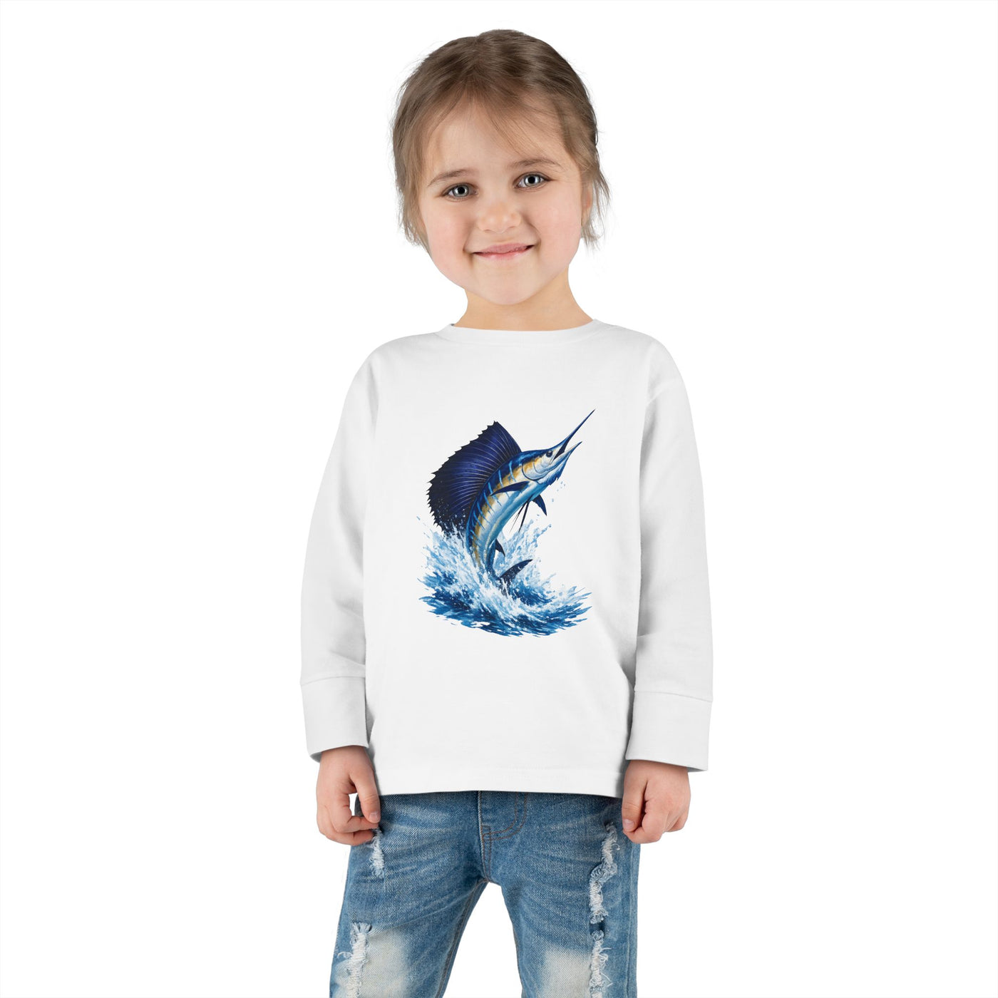 Toddler Long Sleeve Tee — Blue Marlin Jumping Graphic Kids Shirt (Fishing, Ocean, Nautical)