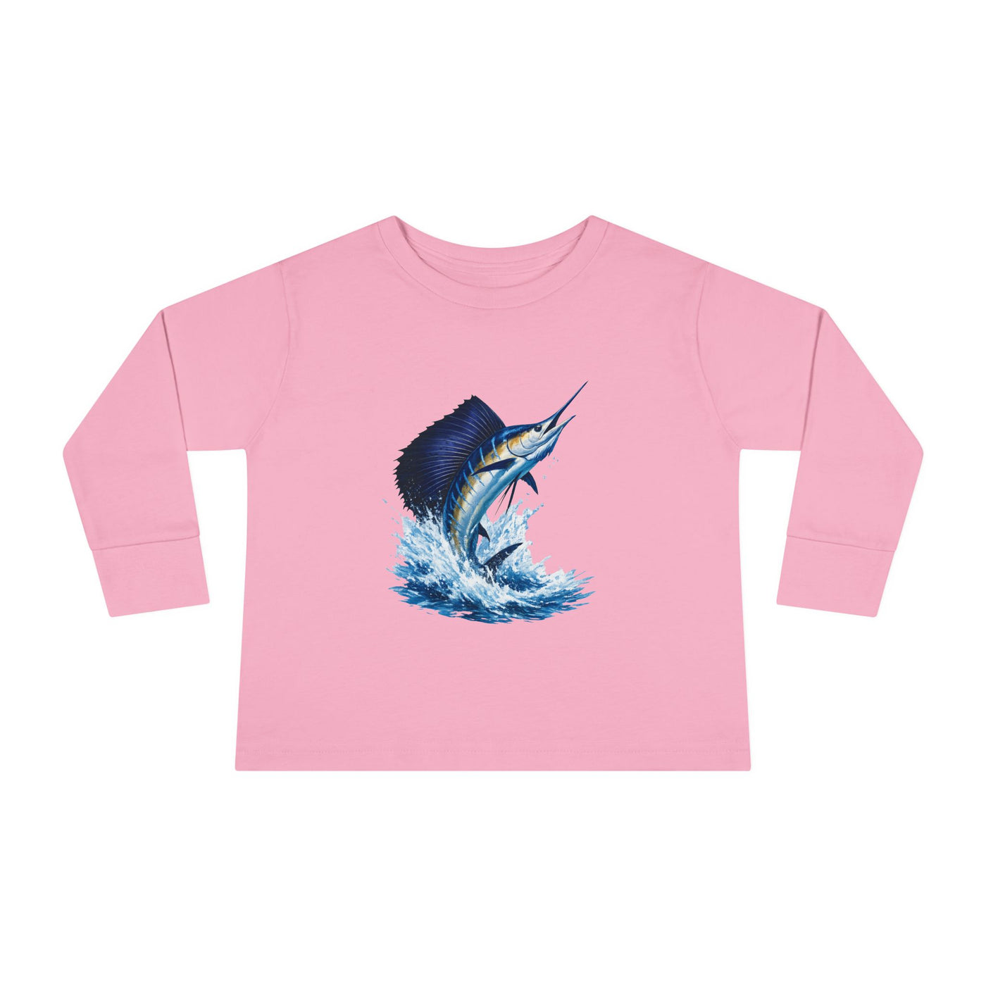 Toddler Long Sleeve Tee — Blue Marlin Jumping Graphic Kids Shirt (Fishing, Ocean, Nautical)