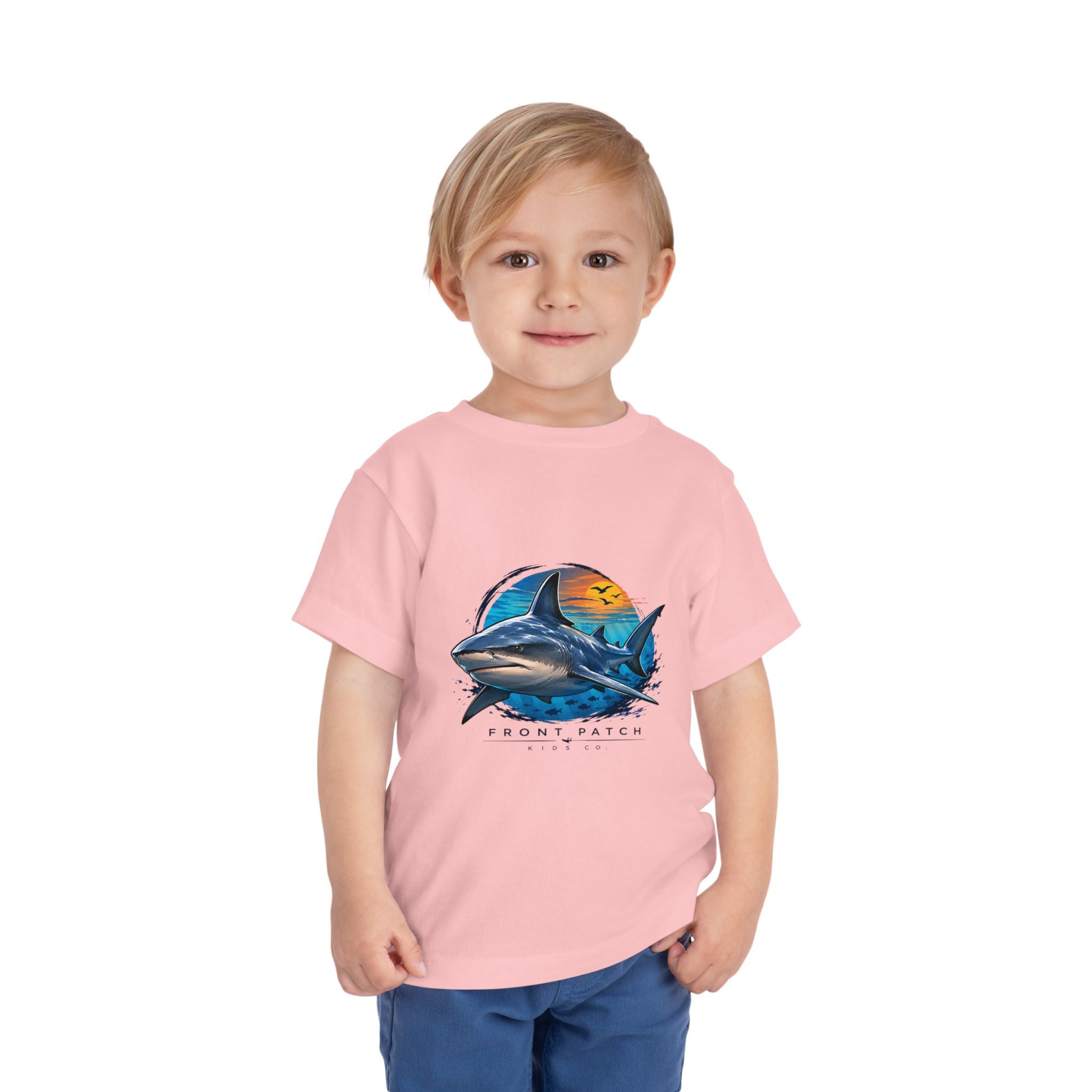 Toddler Tee — 'Front Patch' Surf Shark Graphic Sunset Kids Shirt