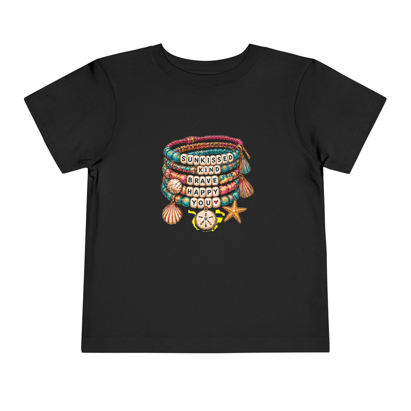 Toddler Tee — 'Sunkissed, Kind, Brave, Happy' Seashell Bracelet Graphic