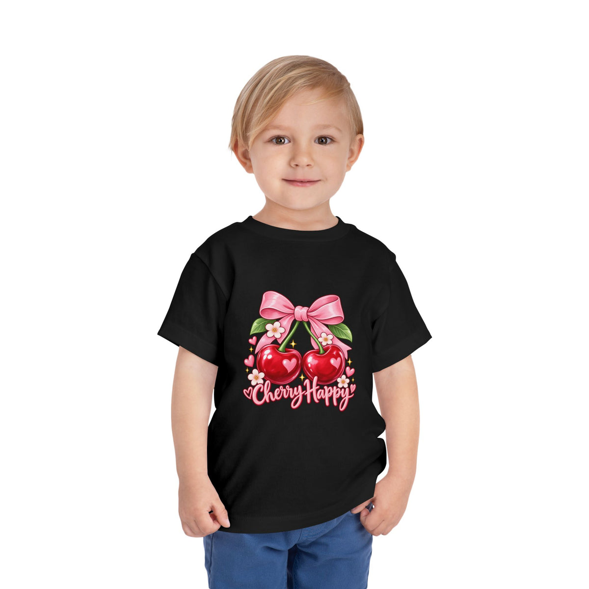 Toddler Cherry Happy Tee — Cute Pink Bow Cherries Kids Shirt