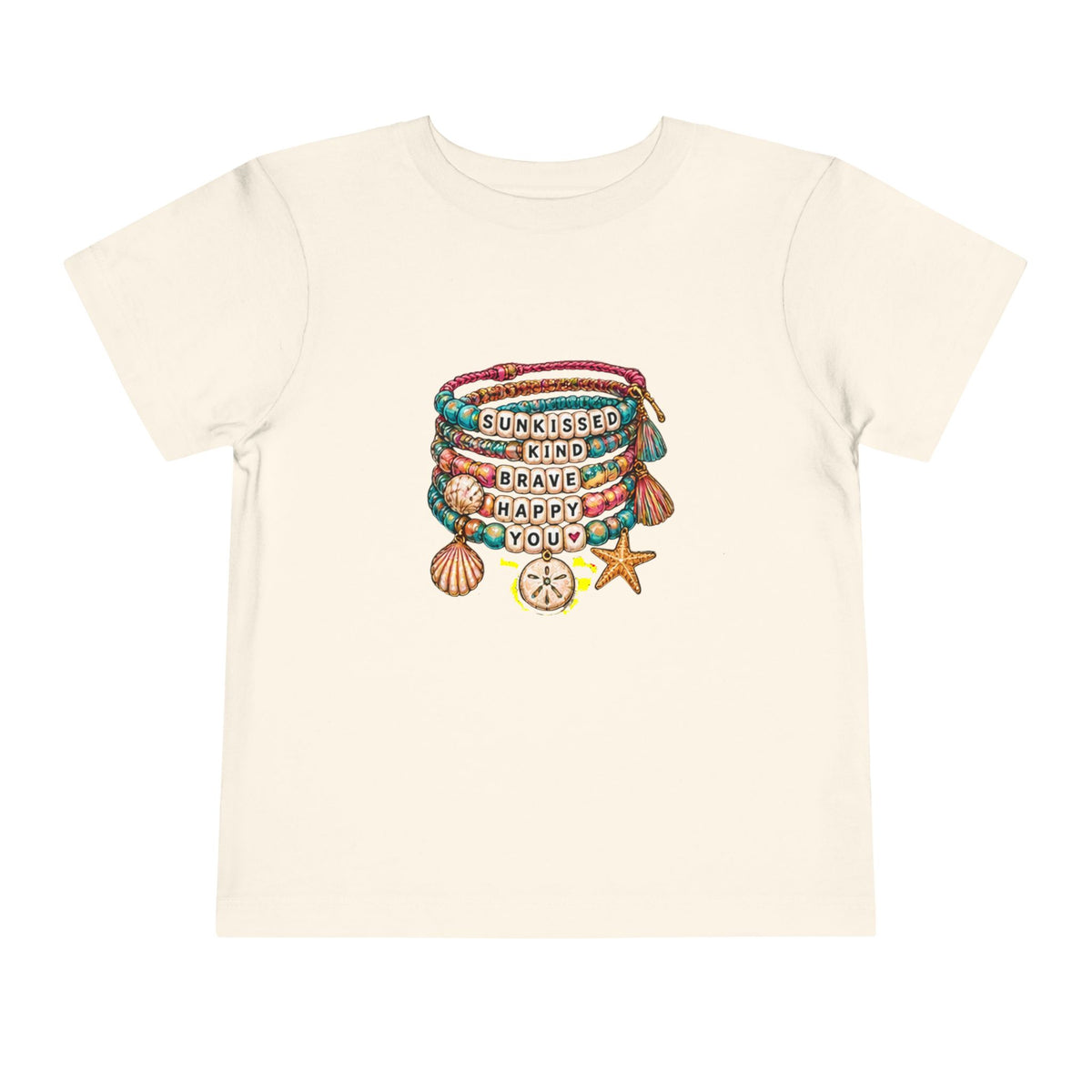 Toddler Tee — 'Sunkissed, Kind, Brave, Happy' Seashell Bracelet Graphic