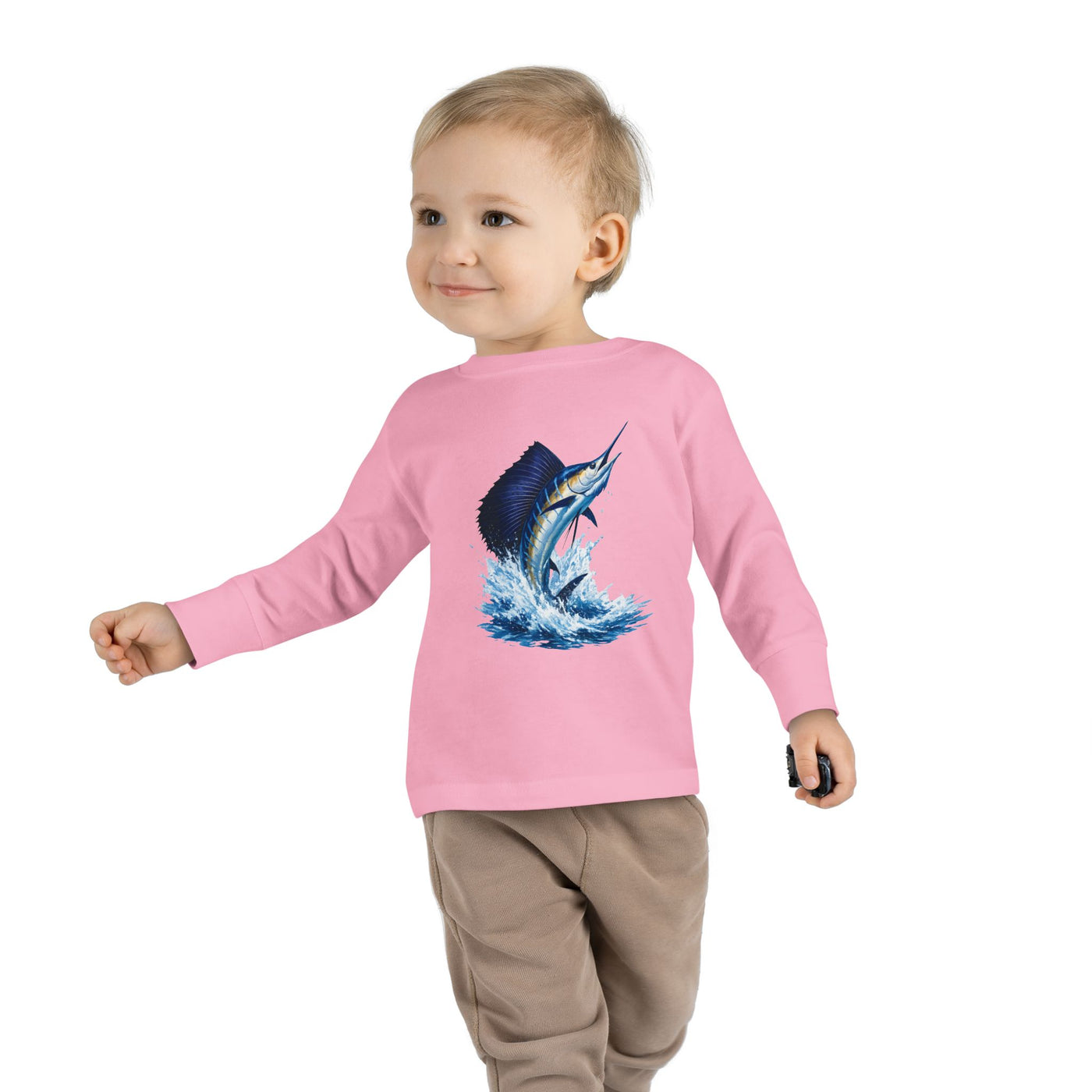 Toddler Long Sleeve Tee — Blue Marlin Jumping Graphic Kids Shirt (Fishing, Ocean, Nautical)