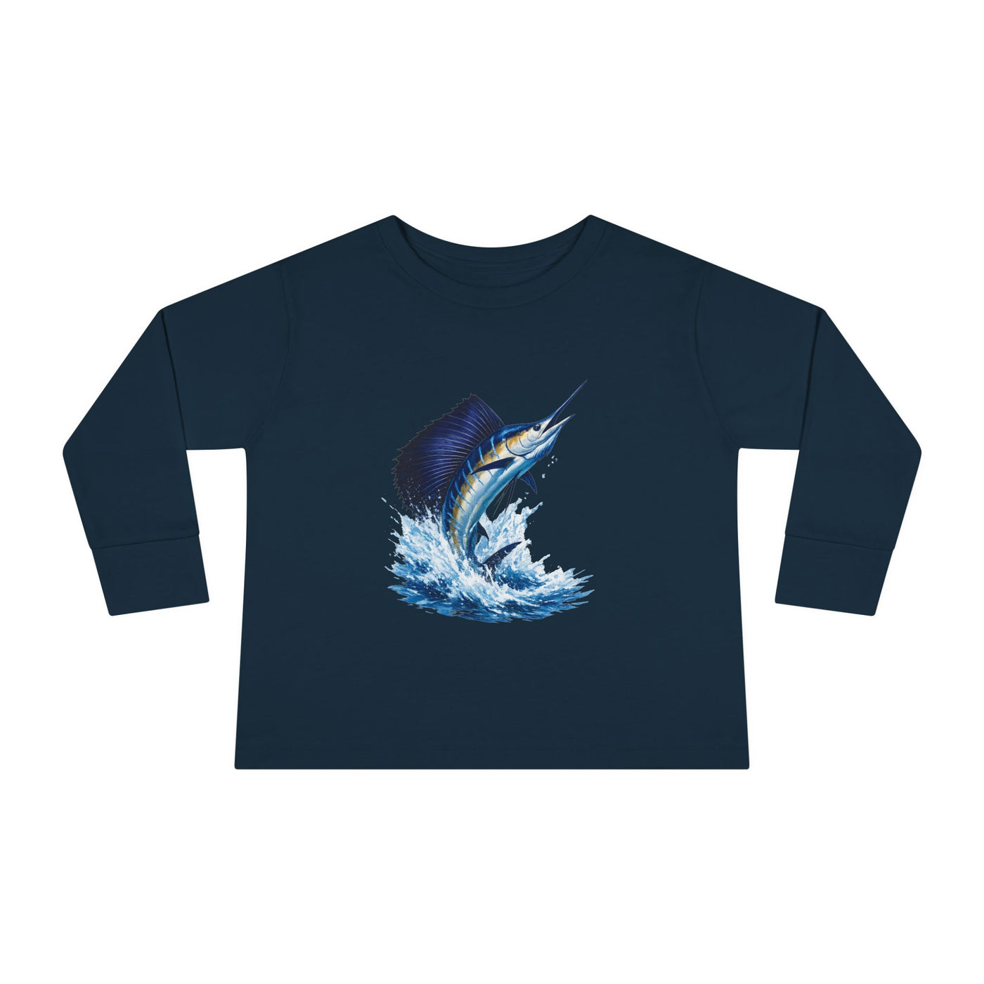 Toddler Long Sleeve Tee — Blue Marlin Jumping Graphic Kids Shirt (Fishing, Ocean, Nautical)